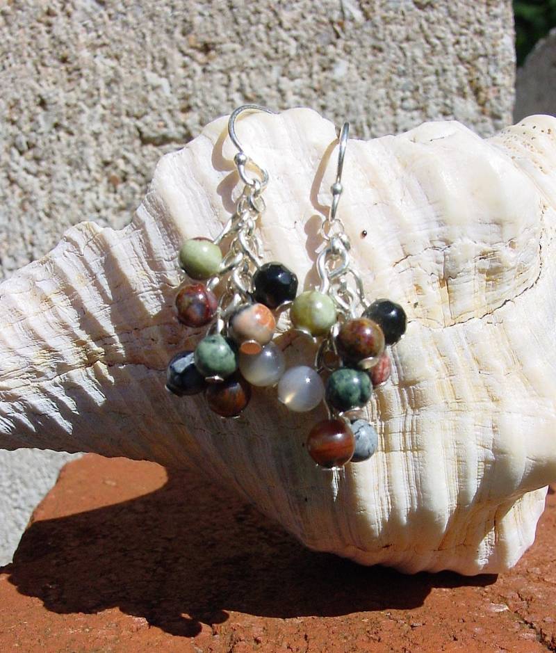 Kaskaden Edelstein Ohrringe An Sterling Silber Kette, Wasserfall Mit Botswana Achat, Dalmatiner Jaspis, Pietersit von BaublesHandcrafted