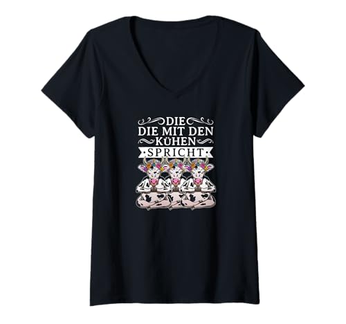 Damen Kuh Yoga Landwirtin Kühe T-Shirt mit V-Ausschnitt von Bauernhof Spruch Motiv für Bäuerin