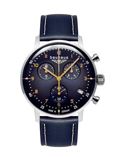 Bauhaus 2096-3 – Chronograph Herrenuhr silberfarben mit Lederband Blau & Quarzwerk – Made in Germany von Bauhaus