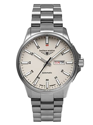 Bauhaus Aviation Herrenuhr mit Lederband oder Titanband Automatik Titangehäuse 10 ATM Saphirglas Tag Datum/DayDate 2866 (Beige/Titanband) von Bauhaus