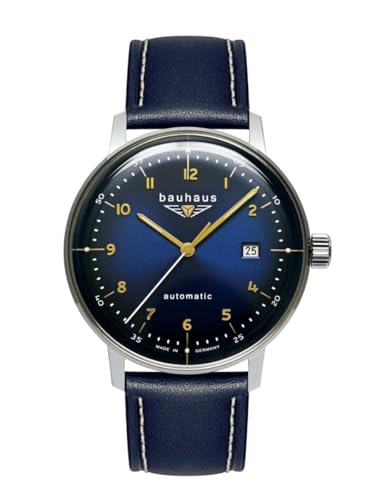 Bauhaus 2064-3 Herrenuhr Automatik silberfarben mit Sichtboden & Lederband Blau – Made in Germany von Bauhaus