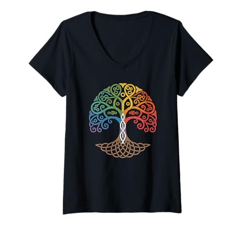 Damen Farbiger Baum des Lebens Wikinger Tree of Life Thor Walhalla T-Shirt mit V-Ausschnitt Damen Farbiger Baum des Lebens Wikinger Tree of Life Thor Walhalla T-Shirt mit V-Ausschnitt von Baum des Lebens von Odin Asgard Designs