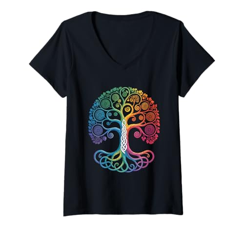 Damen Farbiger Baum des Lebens Wikinger Tree of Life Thor Walhalla T-Shirt mit V-Ausschnitt Damen Farbiger Baum des Lebens Wikinger Tree of Life Thor Walhalla T-Shirt mit V-Ausschnitt von Baum des Lebens von Odin Asgard Designs