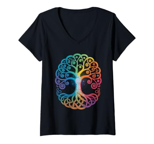 Damen Farbiger Baum des Lebens Wikinger Tree of Life Thor Walhalla T-Shirt mit V-Ausschnitt Damen Farbiger Baum des Lebens Wikinger Tree of Life Thor Walhalla T-Shirt mit V-Ausschnitt von Baum des Lebens von Odin Asgard Designs