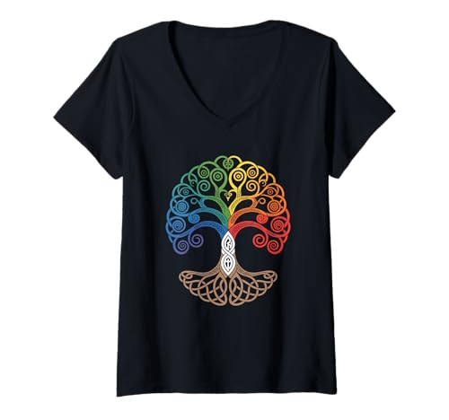 Damen Farbiger Baum des Lebens Wikinger Tree of Life Thor Walhalla T-Shirt mit V-Ausschnitt Damen Farbiger Baum des Lebens Wikinger Tree of Life Thor Walhalla T-Shirt mit V-Ausschnitt von Baum des Lebens von Odin Asgard Designs