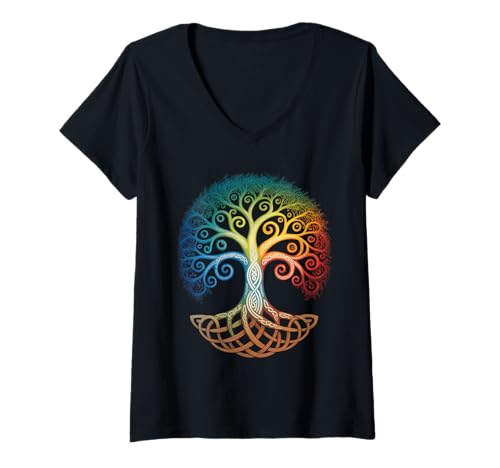 Damen Farbiger Baum des Lebens Wikinger Tree of Life Thor Walhalla T-Shirt mit V-Ausschnitt Damen Farbiger Baum des Lebens Wikinger Tree of Life Thor Walhalla T-Shirt mit V-Ausschnitt von Baum des Lebens von Odin Asgard Designs