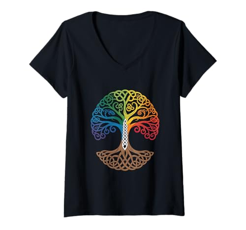 Damen Farbiger Baum des Lebens Wikinger Tree of Life Thor Walhalla T-Shirt mit V-Ausschnitt Damen Farbiger Baum des Lebens Wikinger Tree of Life Thor Walhalla T-Shirt mit V-Ausschnitt von Baum des Lebens von Odin Asgard Designs