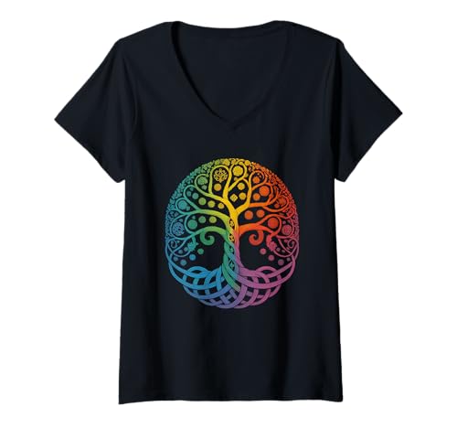 Damen Farbiger Baum des Lebens Wikinger Tree of Life Thor Walhalla T-Shirt mit V-Ausschnitt Damen Farbiger Baum des Lebens Wikinger Tree of Life Thor Walhalla T-Shirt mit V-Ausschnitt von Baum des Lebens von Odin Asgard Designs