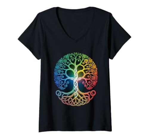 Damen Farbiger Baum des Lebens Wikinger Tree of Life Thor Walhalla T-Shirt mit V-Ausschnitt Damen Farbiger Baum des Lebens Wikinger Tree of Life Thor Walhalla T-Shirt mit V-Ausschnitt von Baum des Lebens von Odin Asgard Designs
