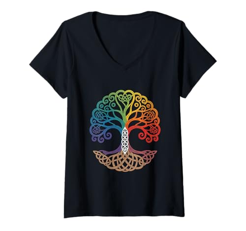 Damen Farbiger Baum des Lebens Wikinger Tree of Life Thor Walhalla T-Shirt mit V-Ausschnitt Damen Farbiger Baum des Lebens Wikinger Tree of Life Thor Walhalla T-Shirt mit V-Ausschnitt von Baum des Lebens von Odin Asgard Designs