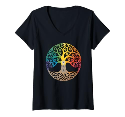 Damen Farbiger Baum des Lebens Wikinger Tree of Life Thor Walhalla T-Shirt mit V-Ausschnitt Damen Farbiger Baum des Lebens Wikinger Tree of Life Thor Walhalla T-Shirt mit V-Ausschnitt von Baum des Lebens von Odin Asgard Designs