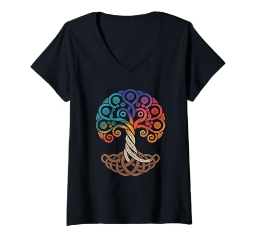 Damen Farbiger Baum des Lebens Wikinger Tree of Life Thor Walhalla T-Shirt mit V-Ausschnitt Damen Farbiger Baum des Lebens Wikinger Tree of Life Thor Walhalla T-Shirt mit V-Ausschnitt von Baum des Lebens von Odin Asgard Designs