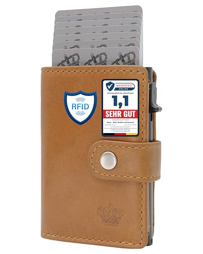 BAUR Slim Wallet mit Münzfach I Echtleder Kreditkartenetui für Herren I Aluminium Pop-Up Case mit RFID-Schutz I Smart Wallet I Kleine Geldbörse (Münzfach mit Druckknopf, Cognac) von Baur since 1976