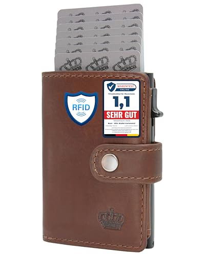 BAUR Slim Wallet mit Münzfach I Echtleder Kreditkartenetui für Herren I Aluminium Pop-Up Case mit RFID-Schutz I Smart Wallet I Kleine Geldbörse (Münzfach mit Druckknopf, Dunkel Braun) von Baur since 1976
