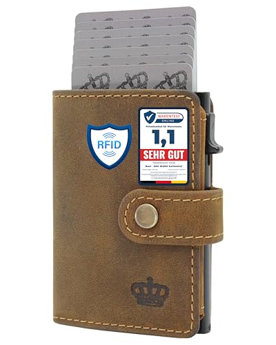 BAUR Slim Wallet mit Münzfach I Echtleder Kreditkartenetui für Herren I Aluminium Pop-Up Case mit RFID-Schutz I Smart Wallet I Kleine Geldbörse (Münzfach mit Reißverschluss, Büffelleder Braun) von Baur since 1976