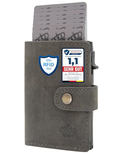 BAUR Slim Wallet mit Münzfach I Echtleder Kreditkartenetui für Herren I Aluminium Pop-Up Case mit RFID-Schutz I Smart Wallet I Kleine Geldbörse (Münzfach mit Reißverschluss, Büffelleder Grau) von Baur since 1976