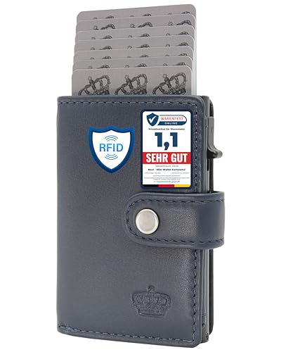 BAUR Slim Wallet mit Münzfach I Echtleder Kreditkartenetui für Herren I Aluminium Pop-Up Case mit RFID-Schutz I Smart Wallet I Kleine Geldbörse (Münzfach mit Reißverschluss, Dunkelblau) von Baur since 1976