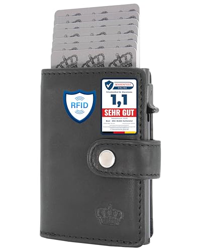 BAUR Slim Wallet mit Münzfach I Echtleder Kreditkartenetui für Herren I Aluminium Pop-Up Case mit RFID-Schutz I Smart Wallet I Kleine Geldbörse (Münzfach mit Reißverschluss, Schwarz) von Baur since 1976