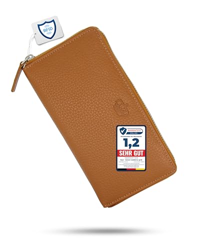 Baur Damen Geldbörse Echt Leder Geldtasche | Geldbeutel mit RFID Schutz | Großes Portemonnaie viele Kartenfächer | Wallet mit Rundum-Reißverschluss | Portmonee | Damen-Geldbörsen (Cognac) von Baur since 1976
