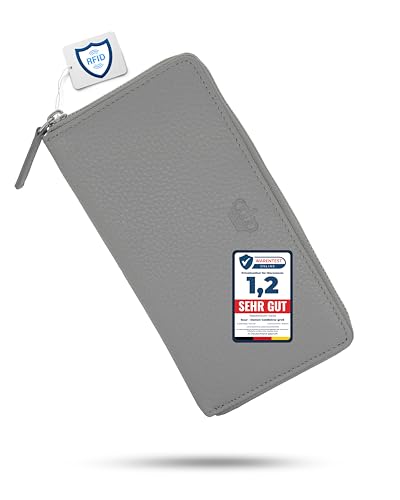 Baur Damen Geldbörse Echt Leder Geldtasche | Geldbeutel mit RFID Schutz | Großes Portemonnaie viele Kartenfächer | Wallet mit Rundum-Reißverschluss | Portmonee | Damen-Geldbörsen (Grau) von Baur since 1976