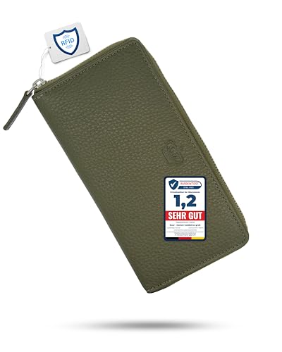 Baur Damen Geldbörse Echt Leder Geldtasche | Geldbeutel mit RFID Schutz | Großes Portemonnaie viele Kartenfächer | Wallet mit Rundum-Reißverschluss | Portmonee | Damen-Geldbörsen (Olive) von Baur since 1976