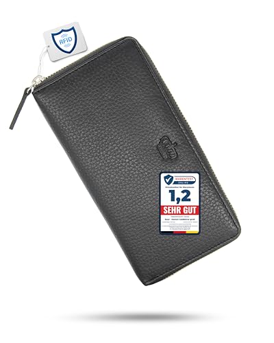 Baur Damen Geldbörse Echt Leder Geldtasche | Geldbeutel mit RFID Schutz | Großes Portemonnaie viele Kartenfächer | Wallet mit Rundum-Reißverschluss | Portmonee | Damen-Geldbörsen (Schwarz) von Baur since 1976
