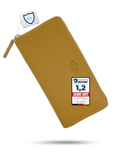 Baur Damen Geldbörse Echt Leder Geldtasche | Geldbeutel mit RFID Schutz | Großes Portemonnaie viele Kartenfächer | Wallet mit Rundum-Reißverschluss | Portmonee | Damen-Geldbörsen (Senf-Gelb) von Baur since 1976