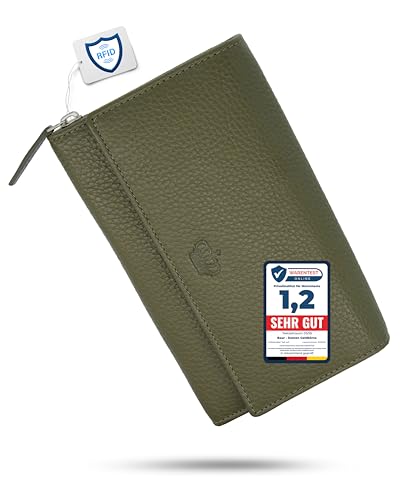 Baur Damen Geldbörse Echt Leder Geldtasche | Geldbeutel mit RFID Schutz |großes Portemonnaie viele Kartenfächer |Wallet mit Druckknopf |Portmonee |Damen-Geldbörsen |Damengeldbörsen (Olive) von Baur since 1976