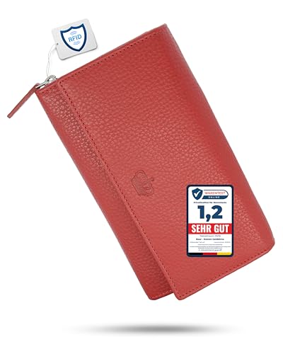 Baur Damen Geldbörse Echt Leder Geldtasche | Geldbeutel mit RFID Schutz |großes Portemonnaie viele Kartenfächer |Wallet mit Druckknopf |Portmonee |Damen-Geldbörsen |Damengeldbörsen (Rot) von Baur since 1976