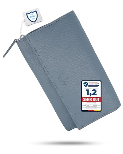 Baur Damen Geldbörse Echt Leder Geldtasche | Geldbeutel mit RFID Schutz |großes Portemonnaie viele Kartenfächer |Wallet mit Druckknopf |Portmonee |Damen-Geldbörsen |Damengeldbörsen (Tauben-Blau) von Baur since 1976