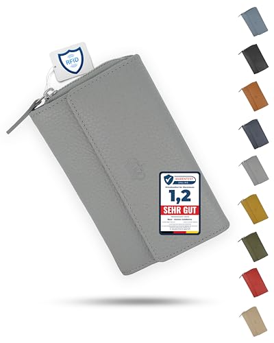 Baur Damen Geldbörse Echt Leder Geldtasche | Geldbeutel mit RFID Schutz | großes Portemonnaie viele Kartenfächer | Wallet mit Druckknopf & Reißverschluss Münzfach | Damen-Geldbörsen (Grau) von Baur since 1976