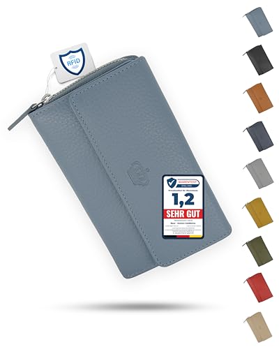 Baur Damen Geldbörse Echt Leder Geldtasche | Geldbeutel mit RFID Schutz | großes Portemonnaie viele Kartenfächer | Wallet mit Druckknopf & Reißverschluss Münzfach | Damen-Geldbörsen (Tauben-Blau) von Baur since 1976