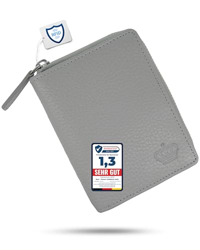 Baur Damen Geldbörse Echt Leder Geldtasche | Geldbeutel mit RFID Schutz | kleines Portemonnaie viele Kartenfächer | Wallet mit Druckknopfverschluss & Reißverschluss-Compartment (Grau) von Baur since 1976