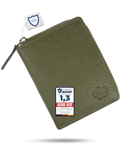 Baur Damen Geldbörse Echt Leder Geldtasche | Geldbeutel mit RFID Schutz | kleines Portemonnaie viele Kartenfächer | Wallet mit Druckknopfverschluss & Reißverschluss-Compartment (Olive) von Baur since 1976