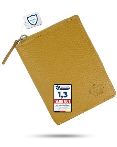 Baur Damen Geldbörse Echt Leder Geldtasche | Geldbeutel mit RFID Schutz | kleines Portemonnaie viele Kartenfächer | Wallet mit Druckknopfverschluss & Reißverschluss-Compartment (Senf-Gelb) von Baur since 1976