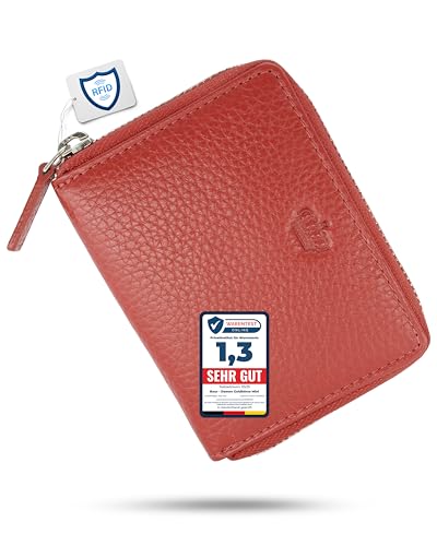 Baur Damen Geldbörse Echt Leder Geldtasche | Mini-Geldbeutel mit RFID Schutz | kleines Portemonnaie mit 6 Kartenfächer | Schein- & Münzfach | Wallet mit Rundumreißverschluss (Rot) von Baur since 1976