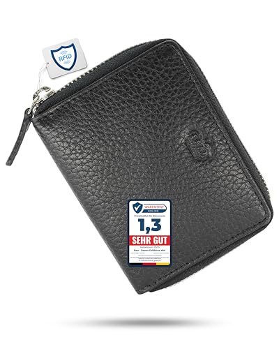 Baur Damen Geldbörse Echt Leder Geldtasche | Mini-Geldbeutel mit RFID Schutz | kleines Portemonnaie mit 6 Kartenfächer | Schein- & Münzfach | Wallet mit Rundumreißverschluss (Schwarz) von Baur since 1976