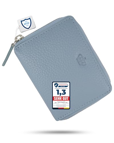 Baur Damen Geldbörse Echt Leder Geldtasche | Mini-Geldbeutel mit RFID Schutz | kleines Portemonnaie mit 6 Kartenfächer | Schein- & Münzfach | Wallet mit Rundumreißverschluss (Tauben-Blau) von Baur since 1976