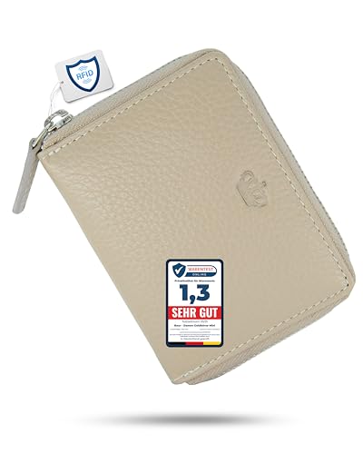 Baur Damen Geldbörse Echt Leder Geldtasche | Mini-Geldbeutel mit RFID Schutz | kleines Portemonnaie mit 6 Kartenfächer | Schein- & Münzfach | Wallet mit Rundumreißverschluss (Taupe) von Baur since 1976