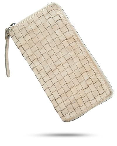 Baur Damen Geldbörse aus extra weichem Waschleder | Geldbeutel im Used-Look mit RFID-Schutz | Großes Portemonnaie mit vielen Kartenfächern | Rundum-Reißverschluss (Geflochten, Beige) von Baur since 1976
