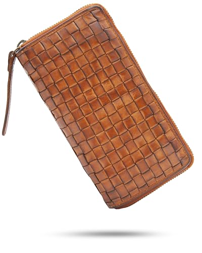 Baur Damen Geldbörse aus extra weichem Waschleder | Geldbeutel im Used-Look mit RFID-Schutz | Großes Portemonnaie mit vielen Kartenfächern | Rundum-Reißverschluss (Geflochten, Cognac) von Baur since 1976