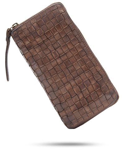 Baur Damen Geldbörse aus extra weichem Waschleder | Geldbeutel im Used-Look mit RFID-Schutz | Großes Portemonnaie mit vielen Kartenfächern | Rundum-Reißverschluss (Geflochten, Dunkel Braun) von Baur since 1976