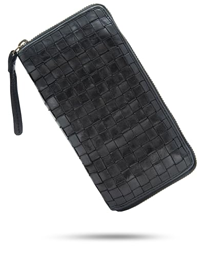 Baur Damen Geldbörse aus extra weichem Waschleder | Geldbeutel im Used-Look mit RFID-Schutz | Großes Portemonnaie mit vielen Kartenfächern | Rundum-Reißverschluss (Geflochten, Schwarz) von Baur since 1976