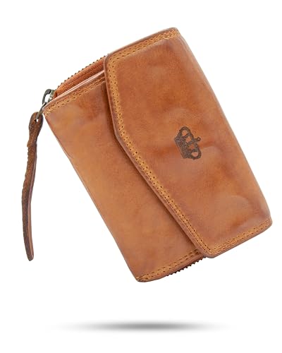 Baur Damen Geldbörse aus extra weichem Waschleder | Geldbeutel im Used-Look mit RFID-Schutz | Kleines Portemonnaie | Viele Kartenfächer | Druckknopfverschluss & Reißverschlussfach (Cognac) von Baur since 1976