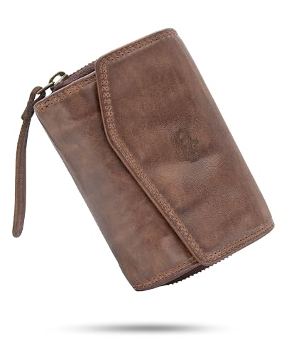 Baur Damen Geldbörse aus extra weichem Waschleder | Geldbeutel im Used-Look mit RFID-Schutz | Kleines Portemonnaie | Viele Kartenfächer | Druckknopfverschluss & Reißverschlussfach (Dunkel Braun) von Baur since 1976