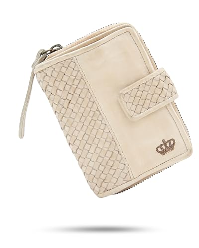 Baur Damen Geldbörse aus extra weichem Waschleder | Handgeflochten | Geldbeutel im Used-Look mit RFID-Schutz | Kleines Portemonnaie | Viele Kartenfächer |Druckknopf & Reißverschlussfach (Beige) von Baur since 1976