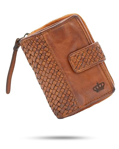 Baur Damen Geldbörse aus extra weichem Waschleder | Handgeflochten | Geldbeutel im Used-Look mit RFID-Schutz | Kleines Portemonnaie | Viele Kartenfächer |Druckknopf & Reißverschlussfach (Cognac) von Baur since 1976