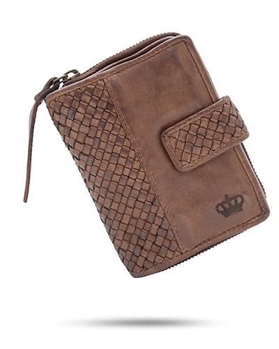 Baur Damen Geldbörse aus extra weichem Waschleder | Handgeflochten | Geldbeutel im Used-Look mit RFID-Schutz | Kleines Portemonnaie | Viele Kartenfächer |Druckknopf & Reißverschlussfach (Dunkel Braun) von Baur since 1976
