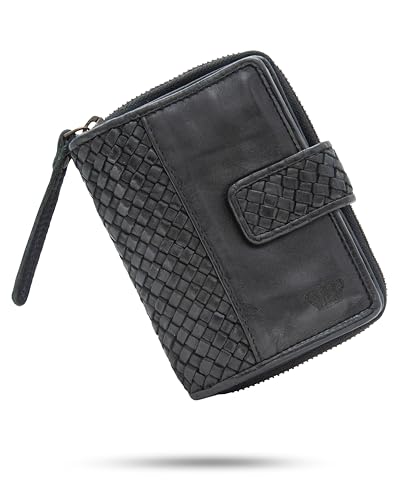 Baur Damen Geldbörse aus extra weichem Waschleder | Handgeflochten | Geldbeutel im Used-Look mit RFID-Schutz | Kleines Portemonnaie | Viele Kartenfächer |Druckknopf & Reißverschlussfach (Schwarz) von Baur since 1976
