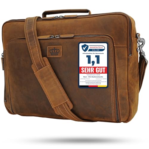 Baur XXL Tasche Echtes Leder | Laptoptasche bis 16 Zoll | Handgefertigte Businesstasche | Aktentasche mit sehr viel Platz | Umhängetasche mit abnehmbarem Band (Büfellleder Braun) von Baur since 1976